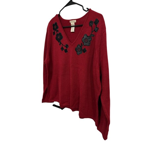 Apostrophe Red V Neck Sweater Black Floral Embroidery Size 20 - Picture 3 of 9